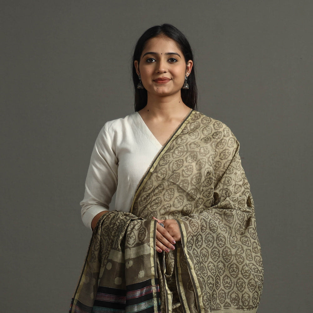 Green - Block Printed Chanderi Silk Bagru Dupatta 17