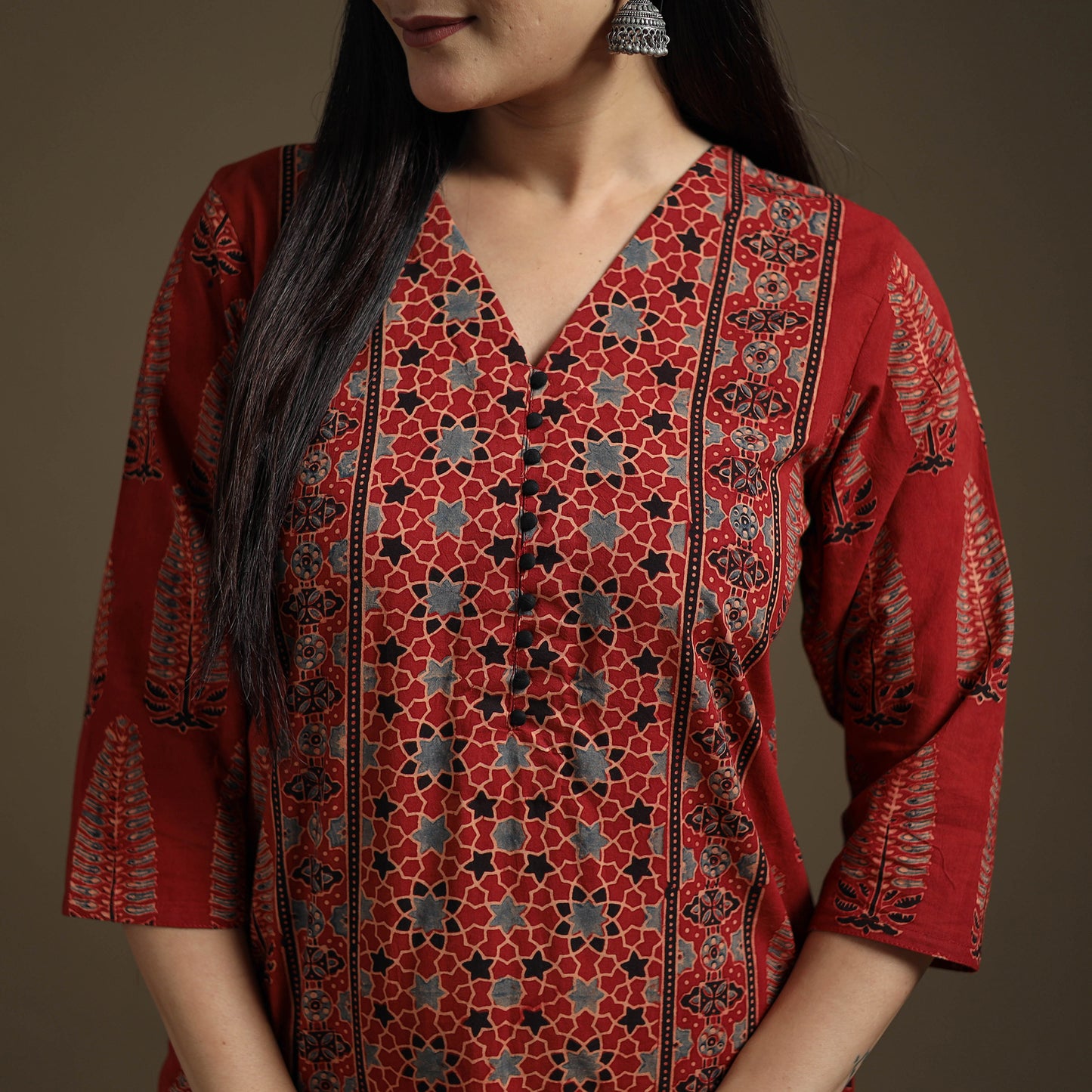 Hand Block Print Cotton Straight Long Ajrakh Kurta for Women 05
