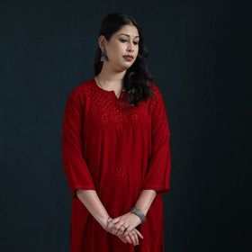 Red - Hand Embroidered Rayon Chikankari Kurta with Pant Set for Women 04