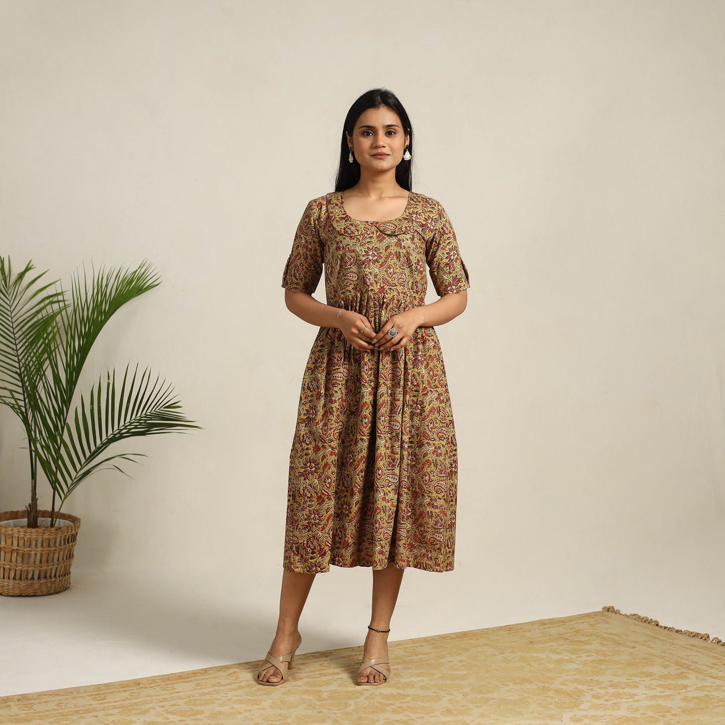 Pedana Block Print Cotton Flared Kalamkari Dress 06