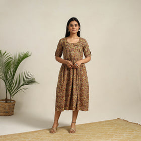 Buy Green Pedana Block Print Cotton Flared Kalamkari Dress