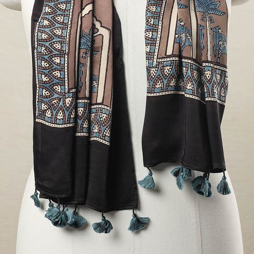 Brown - Ajrakh Block Printed Modal Silk Stole with Tassels 10