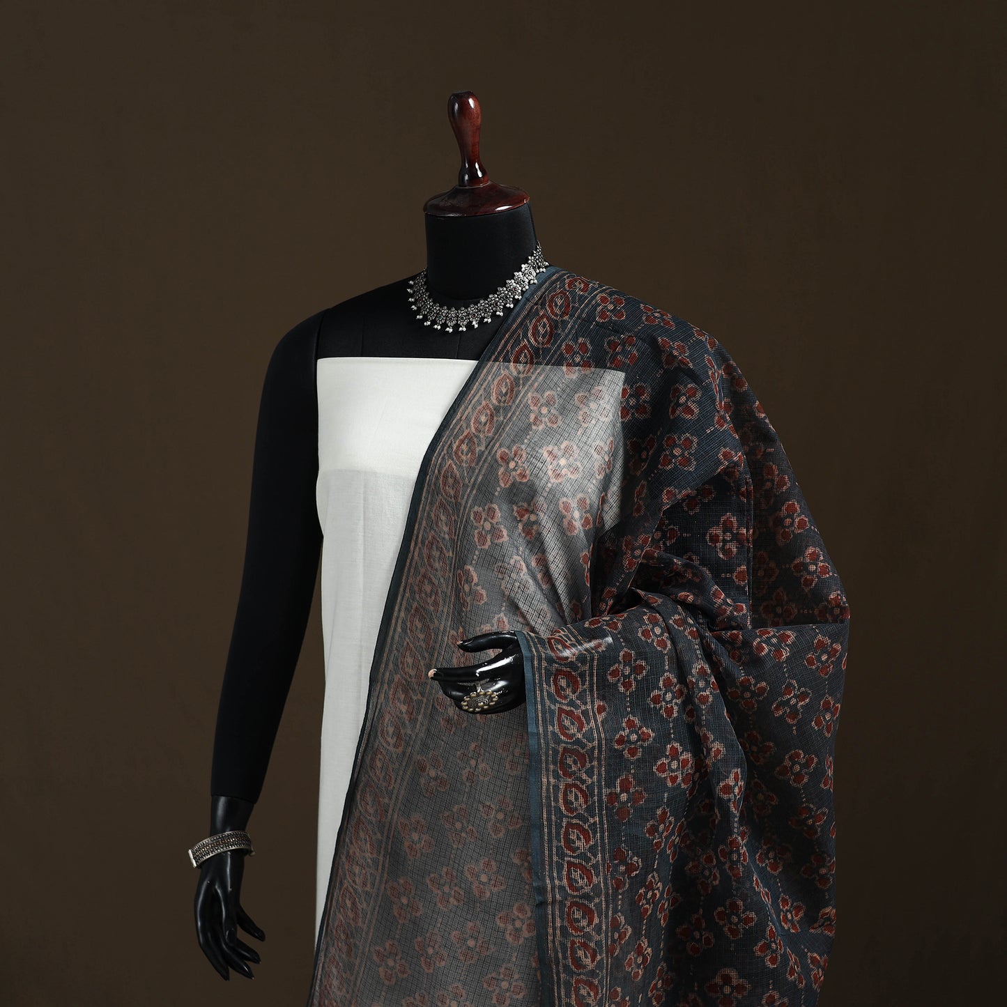 Grey - Gray - Ajrakh Vanaspati Hand Block Print Natural Dyed Kota Doria Cotton Dupatta 09