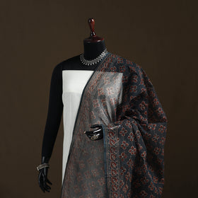Grey - Gray - Ajrakh Vanaspati Hand Block Print Natural Dyed Kota Doria Cotton Dupatta 09