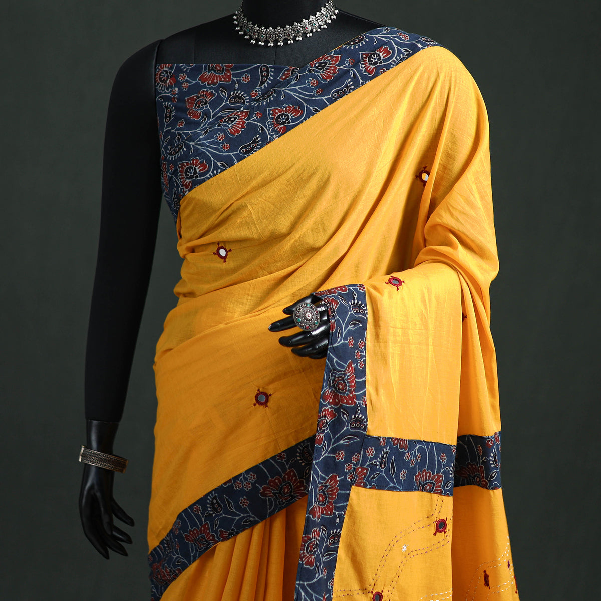Tagai & Mirror Embroidered Ajrakh Patchwork Pure Mul Cotton Saree with Blouse Piece 20