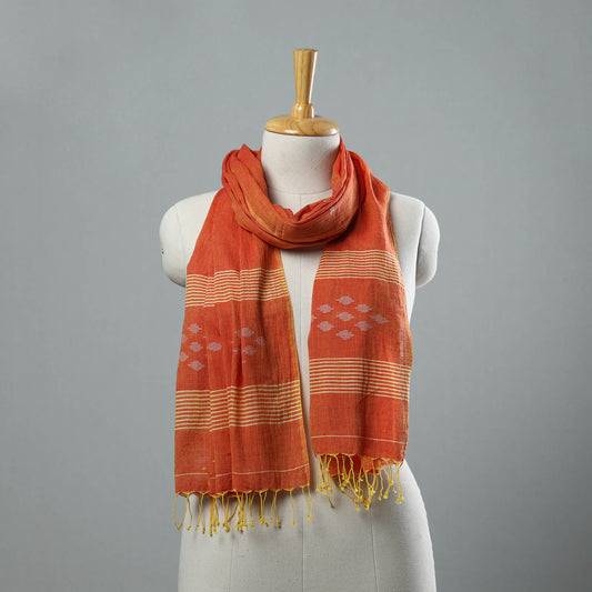 Orange - Burdwan Jamdani Cotton Handloom Stole with Tassels 27