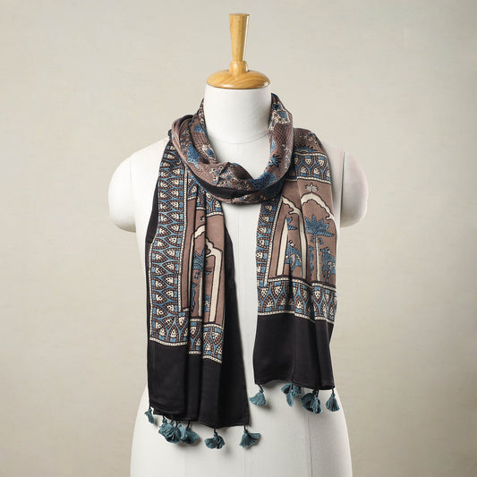 Brown - Ajrakh Block Printed Modal Silk Stole with Tassels 10