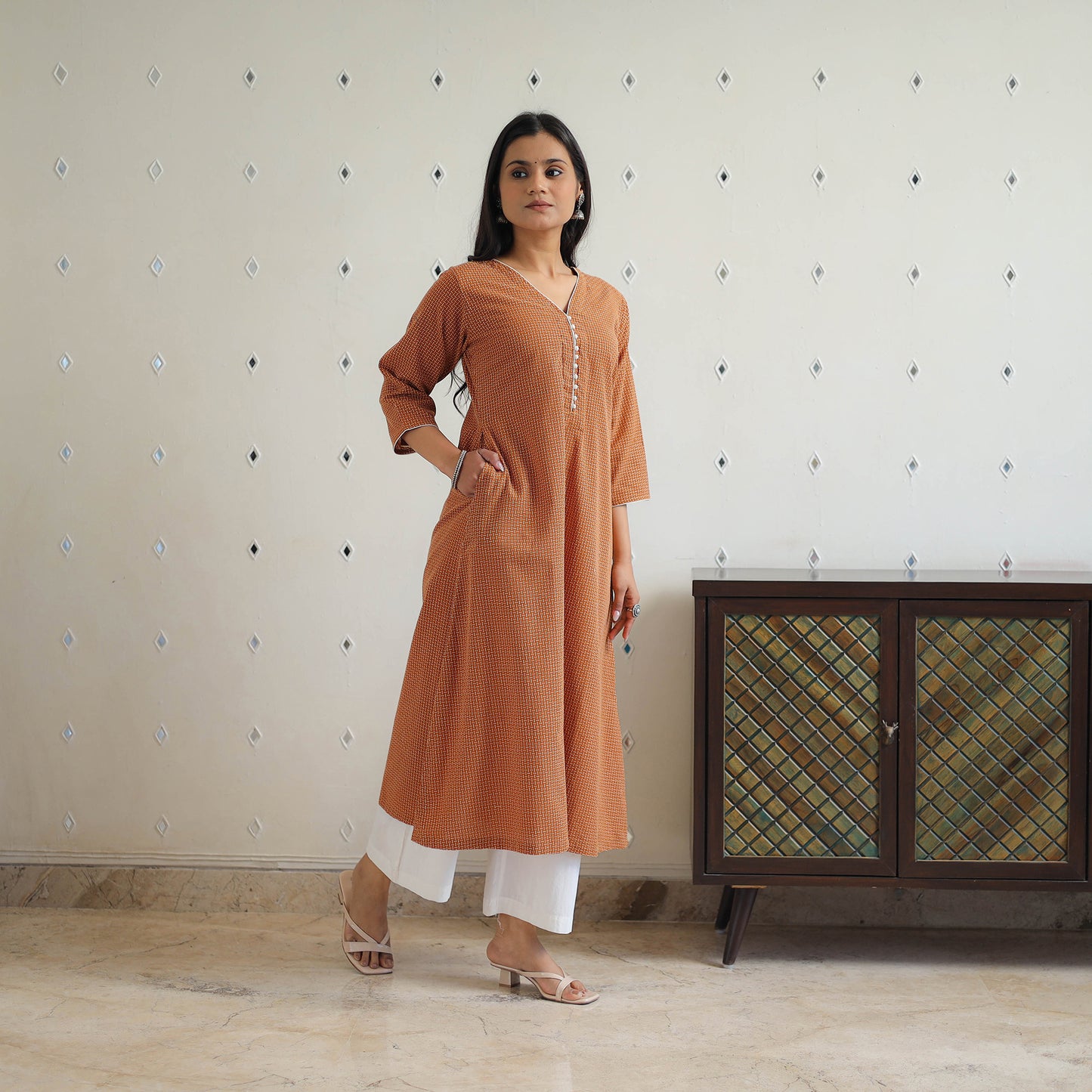 Brown - Pure Cotton A-Line Jacquard Kurta 10