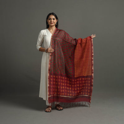 Multicolor - Block Printed Chanderi Silk Bagru Dupatta 19