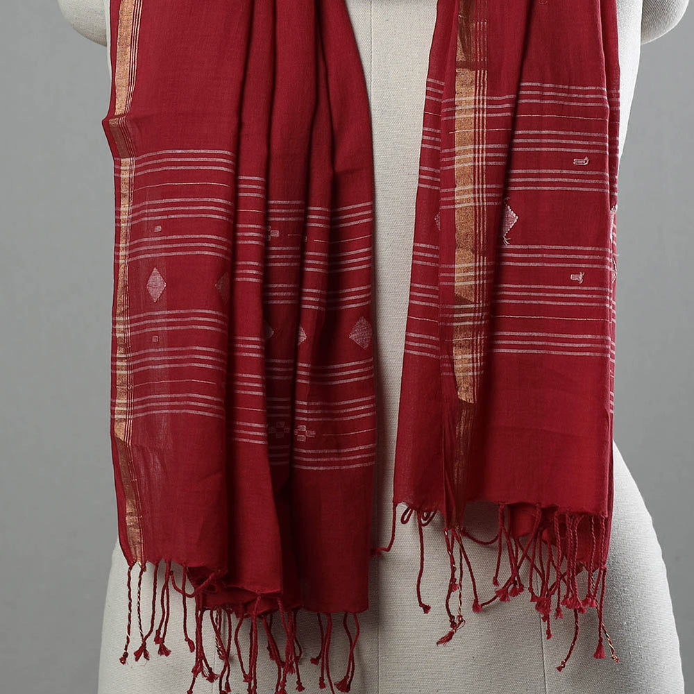 Red - Burdwan Jamdani Cotton Handloom Stole with Tassels 28