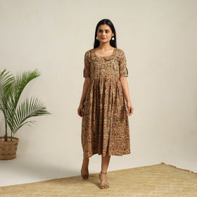 Buy Green Pedana Block Print Cotton Flared Kalamkari Dress