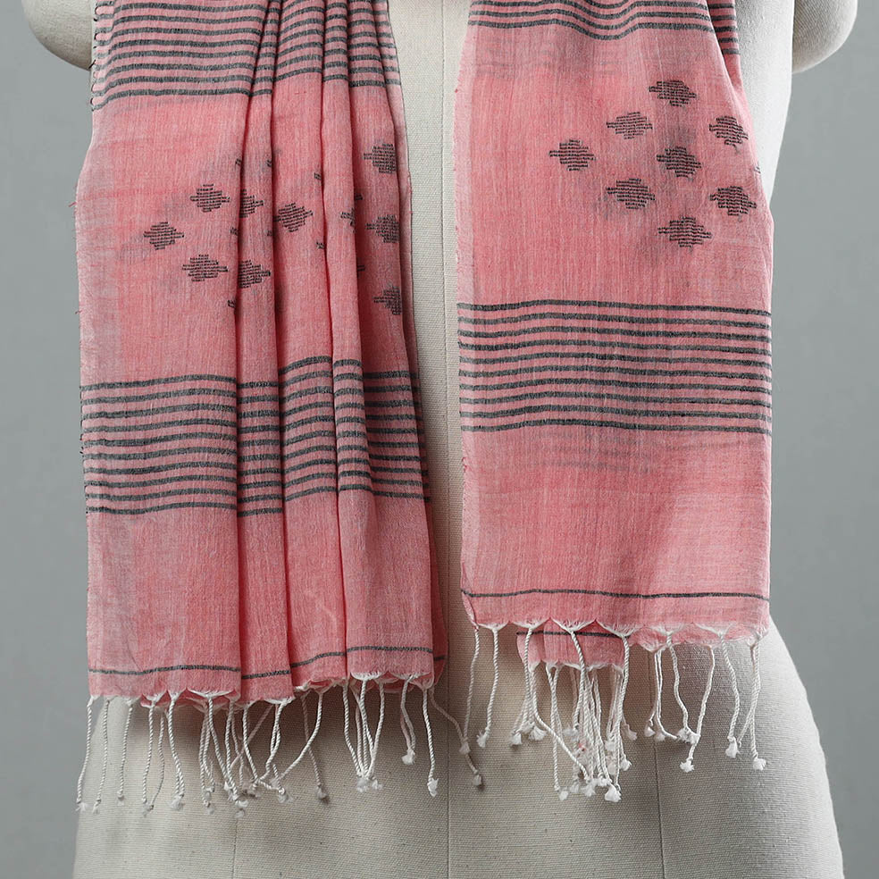 Pink - Burdwan Jamdani Cotton Handloom Stole with Tassels 26