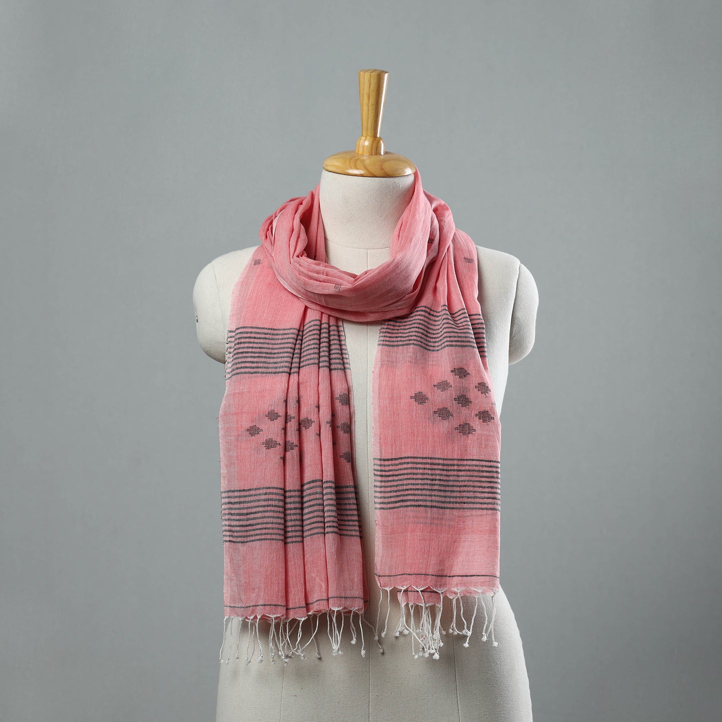 Pink - Burdwan Jamdani Cotton Handloom Stole with Tassels 26