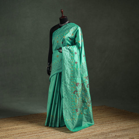 Green - Bengal Nakshi Kantha Hand Embroidered Silk Saree 23