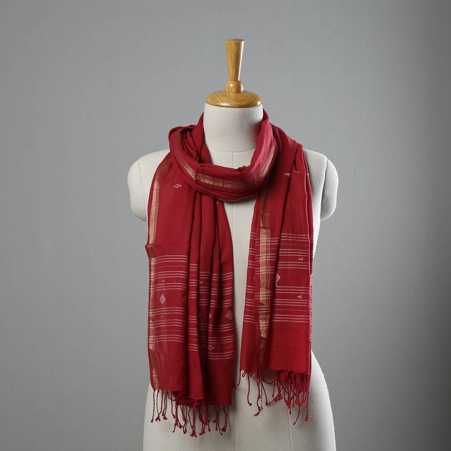 Red - Burdwan Jamdani Cotton Handloom Stole with Tassels 28