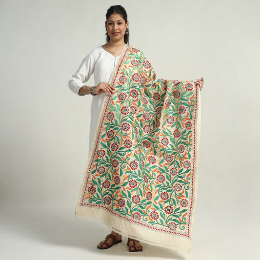Bengal Kantha Hand Embroidery Tussar Silk Cotton Handloom Dupatta 13