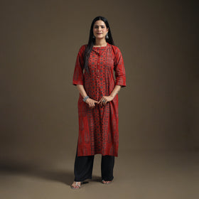 Hand Block Print Cotton Straight Long Ajrakh Kurta for Women 10