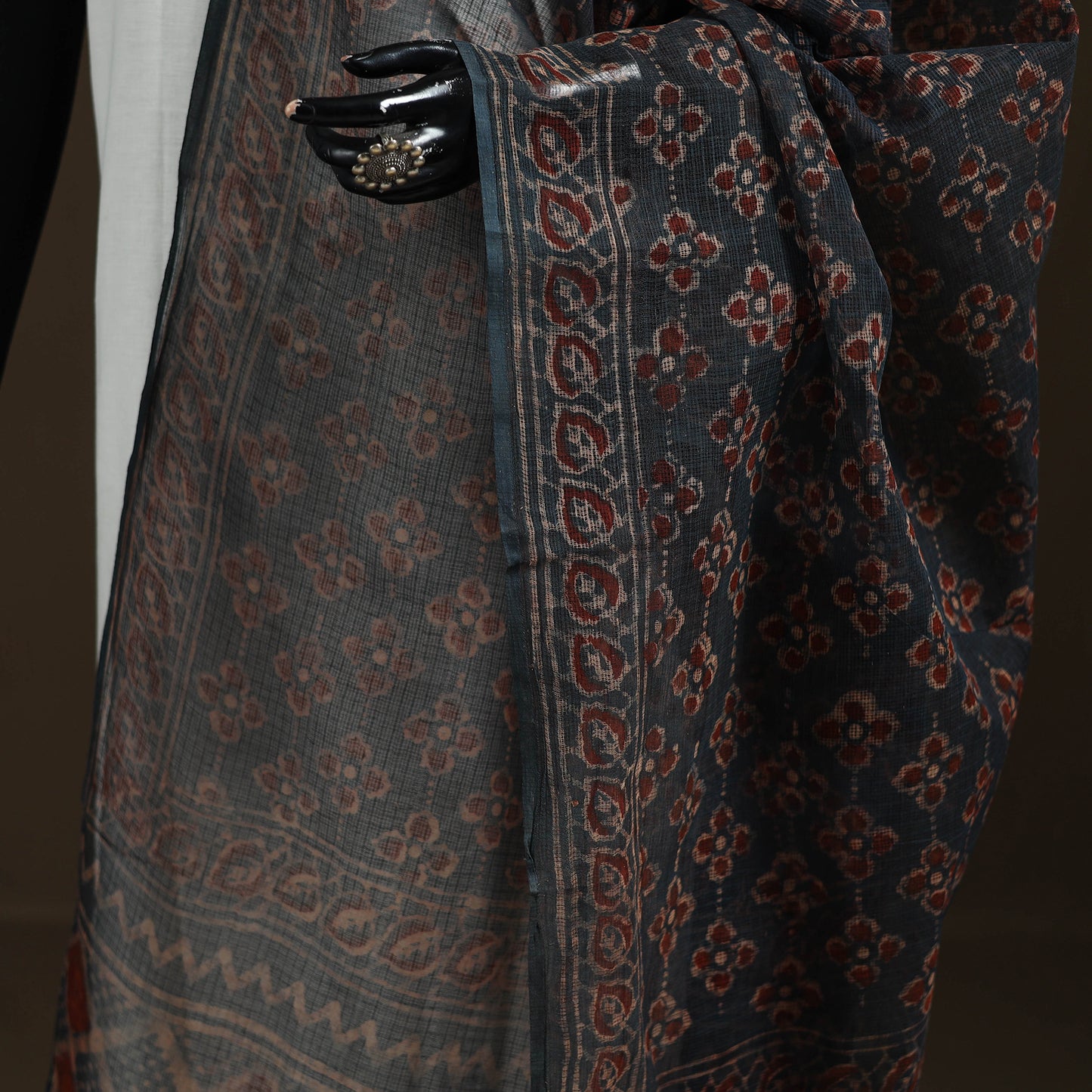 Grey - Gray - Ajrakh Vanaspati Hand Block Print Natural Dyed Kota Doria Cotton Dupatta 09