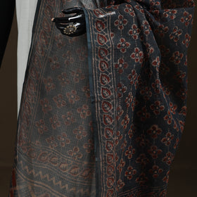 Grey - Gray - Ajrakh Vanaspati Hand Block Print Natural Dyed Kota Doria Cotton Dupatta 09