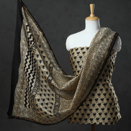 Beige - 3pc Bagru Block Printed Chanderi Silk Suit Material Set