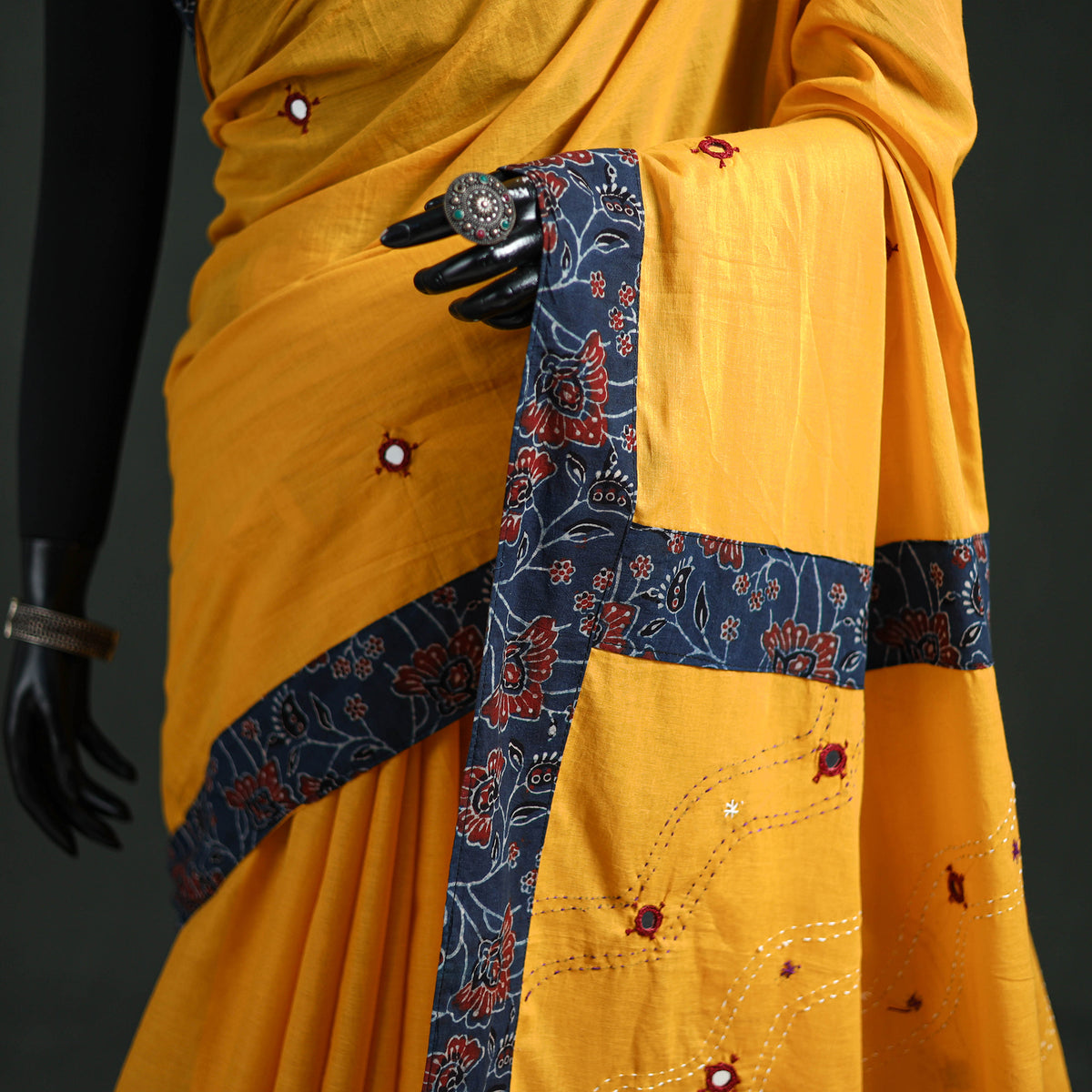 Tagai & Mirror Embroidered Ajrakh Patchwork Pure Mul Cotton Saree with Blouse Piece 20