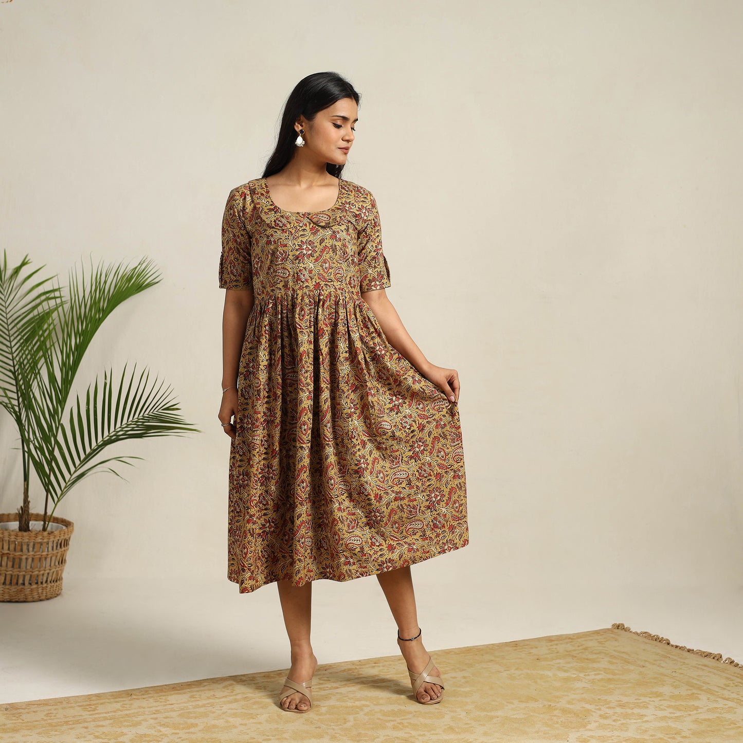 Pedana Block Print Cotton Flared Kalamkari Dress 06