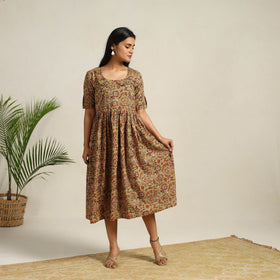 Buy Green Pedana Block Print Cotton Flared Kalamkari Dress