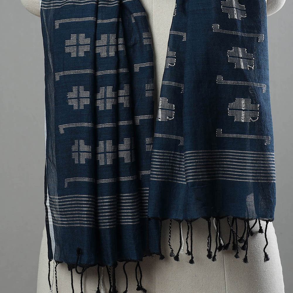 Blue - Burdwan Jamdani Cotton Handloom Stole with Tassels 29