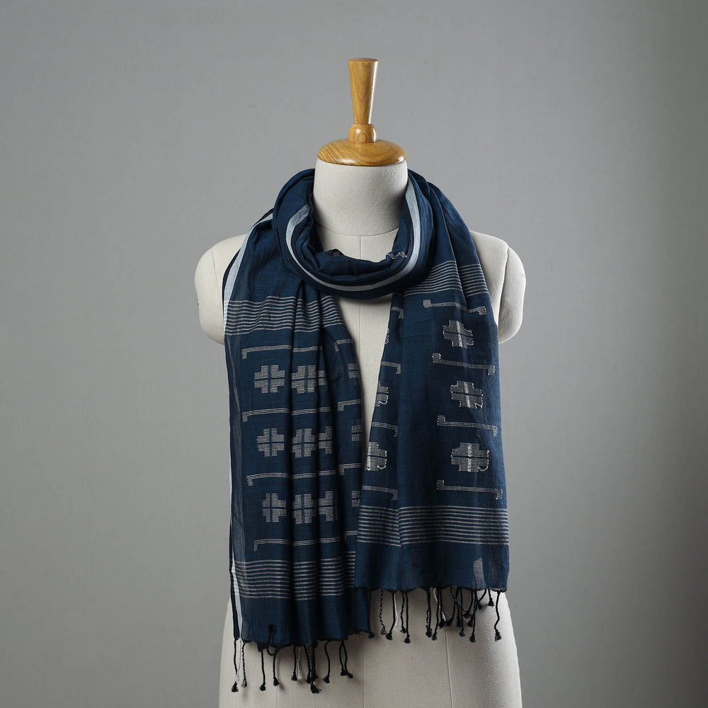 Blue - Burdwan Jamdani Cotton Handloom Stole with Tassels 29