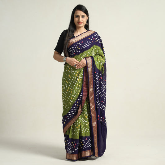 Green - Kutch Bandhani Tie-Dye Cotton Saree with Blouse Piece