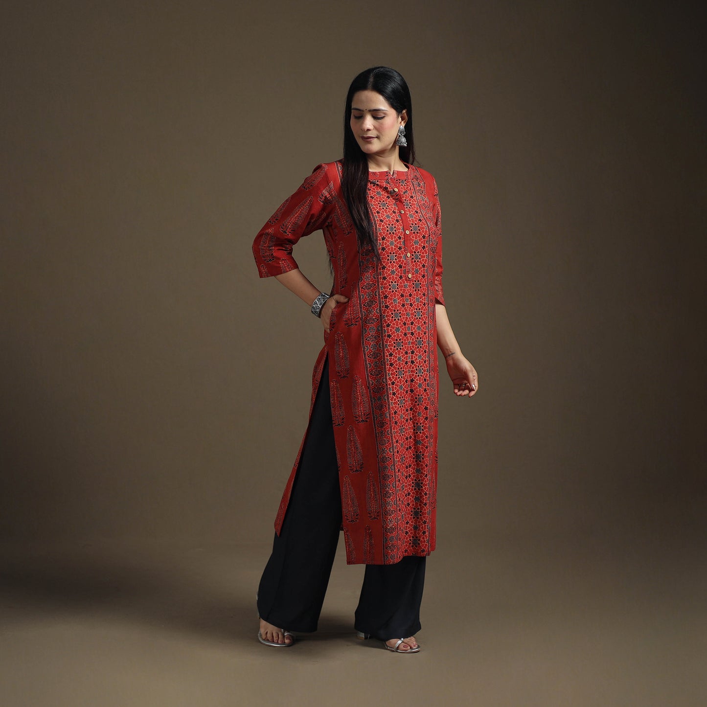 Hand Block Print Cotton Straight Long Ajrakh Kurta for Women 10