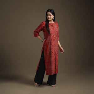 Hand Block Print Cotton Straight Long Ajrakh Kurta for Women 10