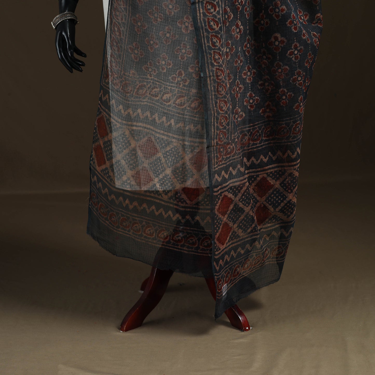 Grey - Gray - Ajrakh Vanaspati Hand Block Print Natural Dyed Kota Doria Cotton Dupatta 09