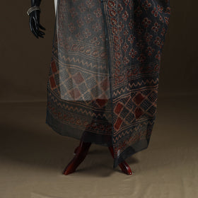 Grey - Gray - Ajrakh Vanaspati Hand Block Print Natural Dyed Kota Doria Cotton Dupatta 09