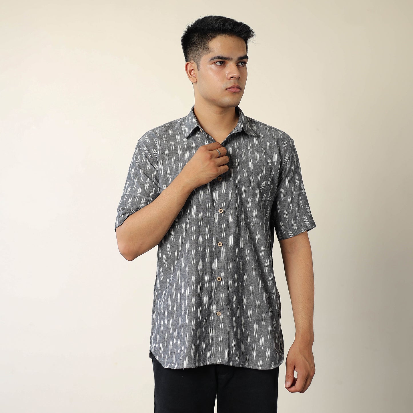 Grey - Pochampally Ikat Weave Cotton Men Half Sleeve Shirt 06