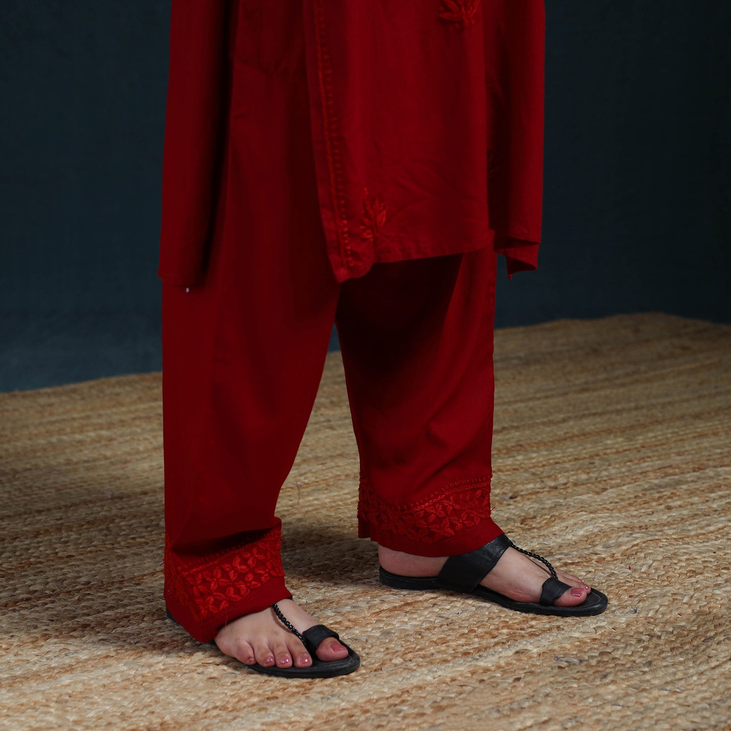 Red - Hand Embroidered Rayon Chikankari Kurta with Pant Set for Women 04