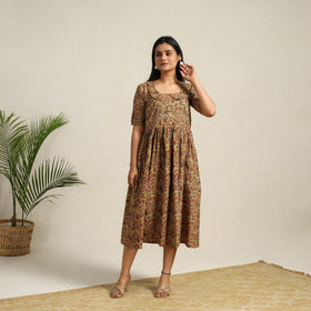 Buy Green Pedana Block Print Cotton Flared Kalamkari Dress