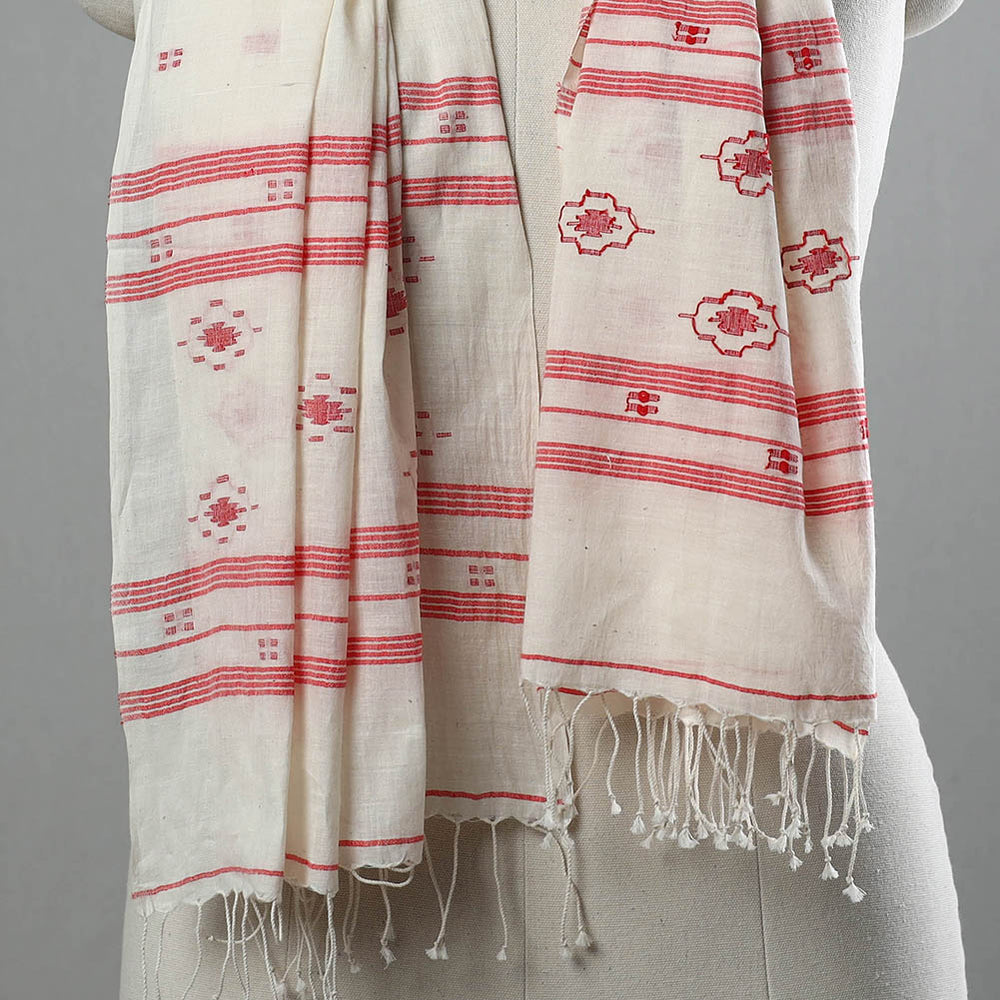 White - Burdwan Jamdani Cotton Handloom Stole with Tassels 30