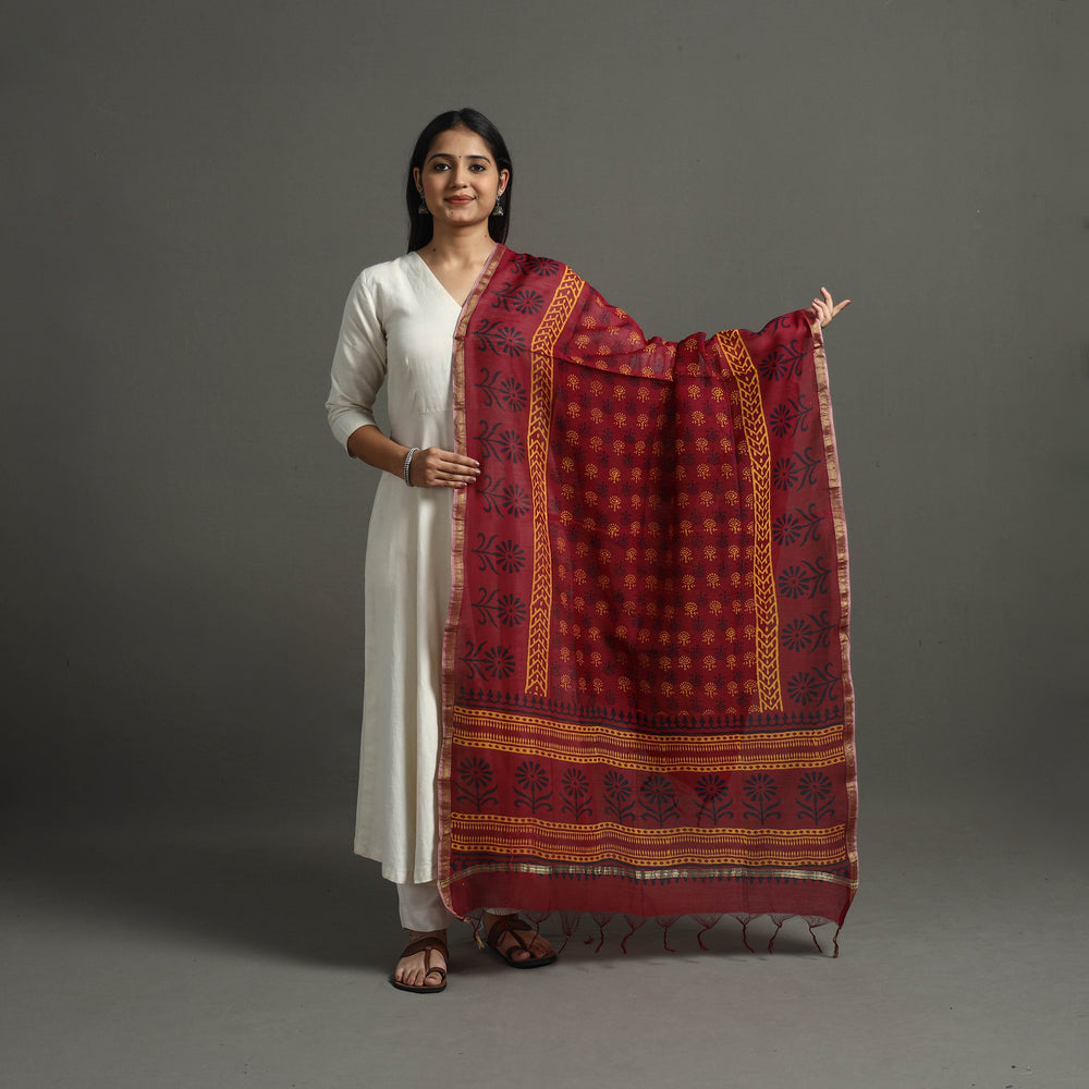 Red - Block Printed Chanderi Silk Bagru Dupatta 18