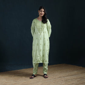 Green - Hand Embroidered Rayon Cotton Chikankari Kurta with Pant Set for Women 17