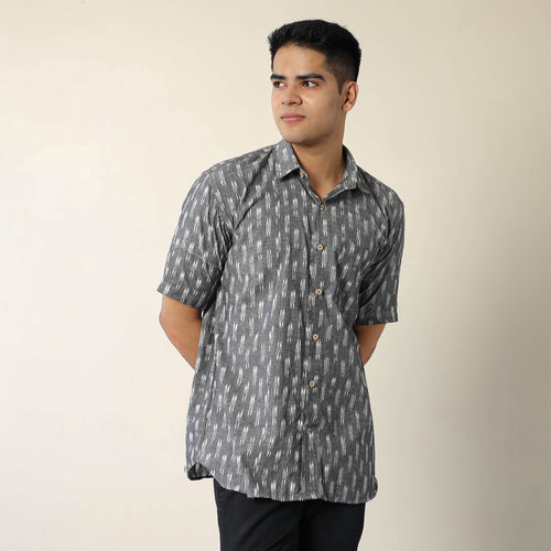 Grey - Pochampally Ikat Weave Cotton Men Half Sleeve Shirt 06