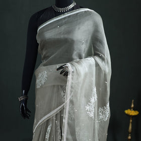 Lucknowi Chikankari Heavy Bead Work Pure Organza Silk Saree 05