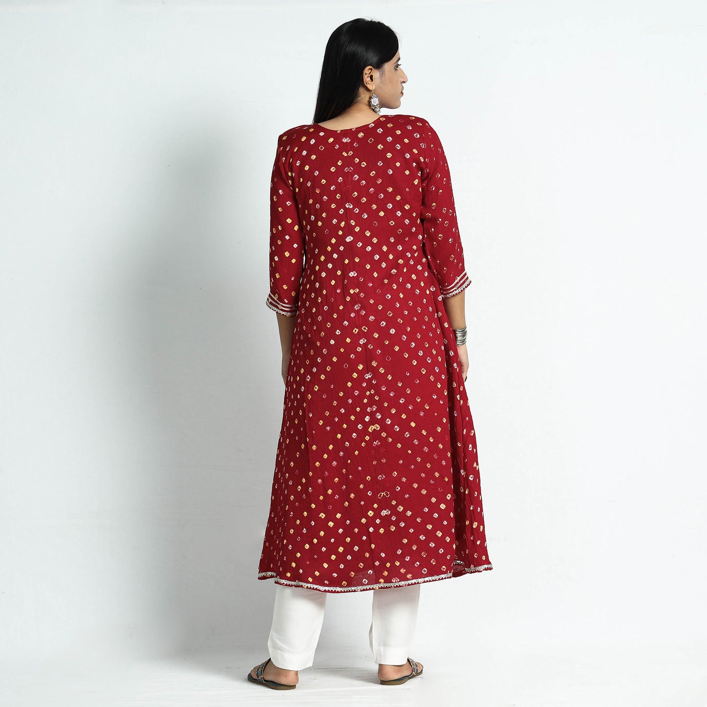 Red - Bandhani Tie-Dye Modal Silk Floral A-Line Kurta