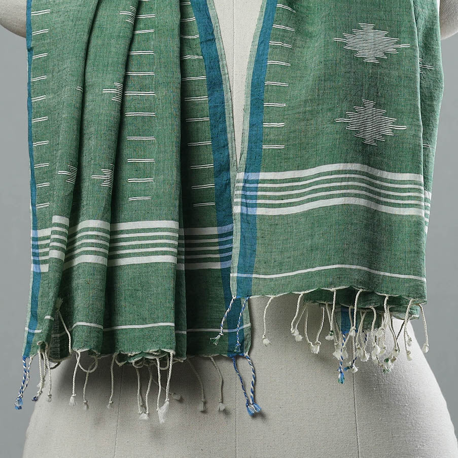 Green - Burdwan Jamdani Cotton Handloom Stole with Tassels 24