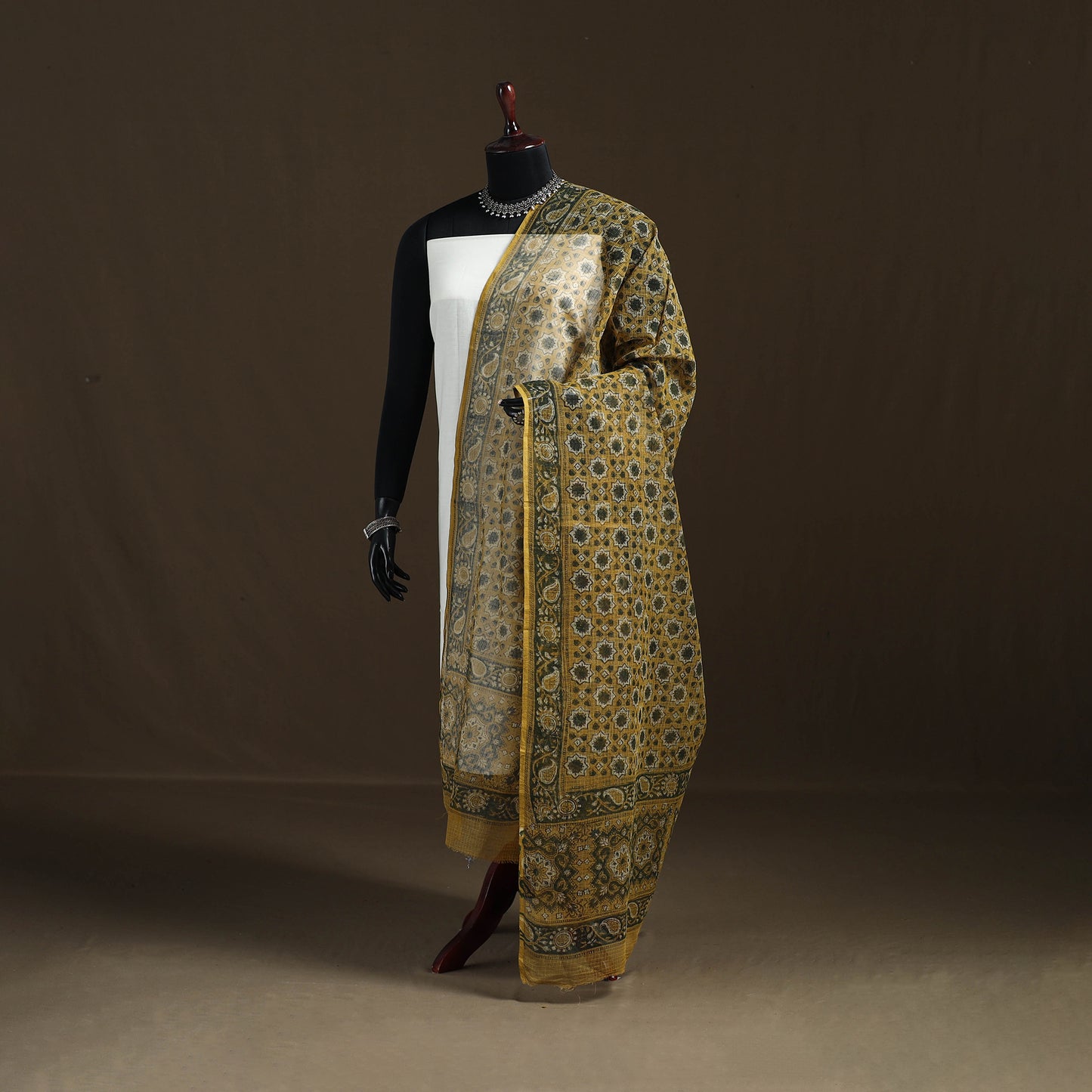 Yellow - Ajrakh Vanaspati Hand Block Print Natural Dyed Kota Doria Cotton Dupatta 10