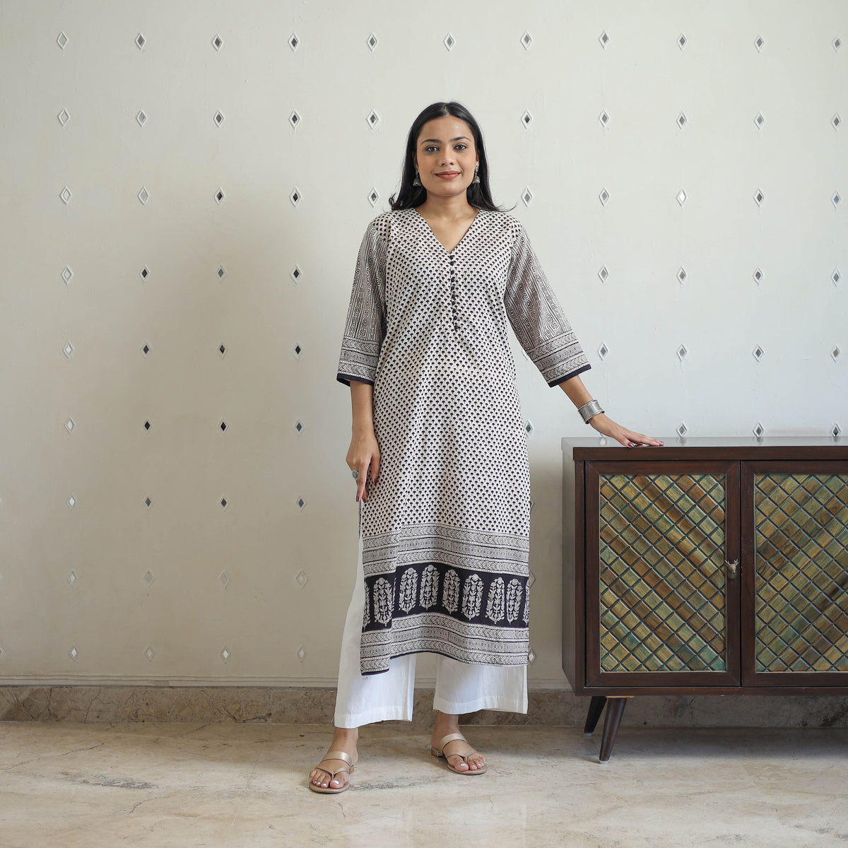 Grey - Block Print Cotton Straight Bagh Kurta 15