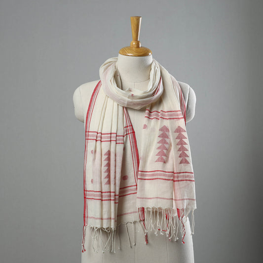 White - Burdwan Jamdani Cotton Handloom Stole with Tassels 31