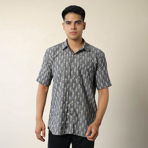 Grey - Pochampally Ikat Weave Cotton Men Half Sleeve Shirt 06