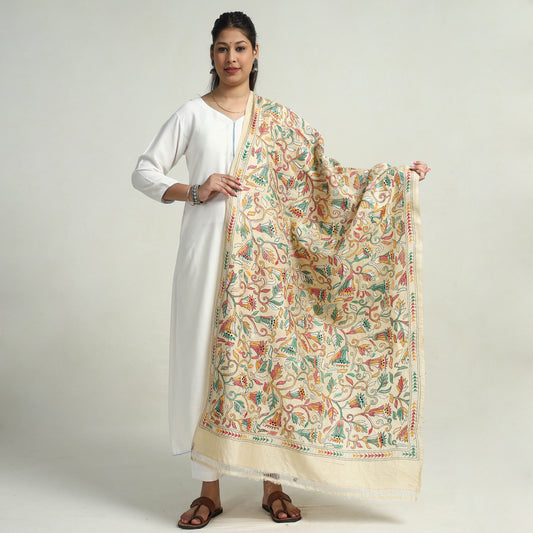 Bengal Kantha Hand Embroidery Tussar Silk Cotton Handloom Dupatta 14