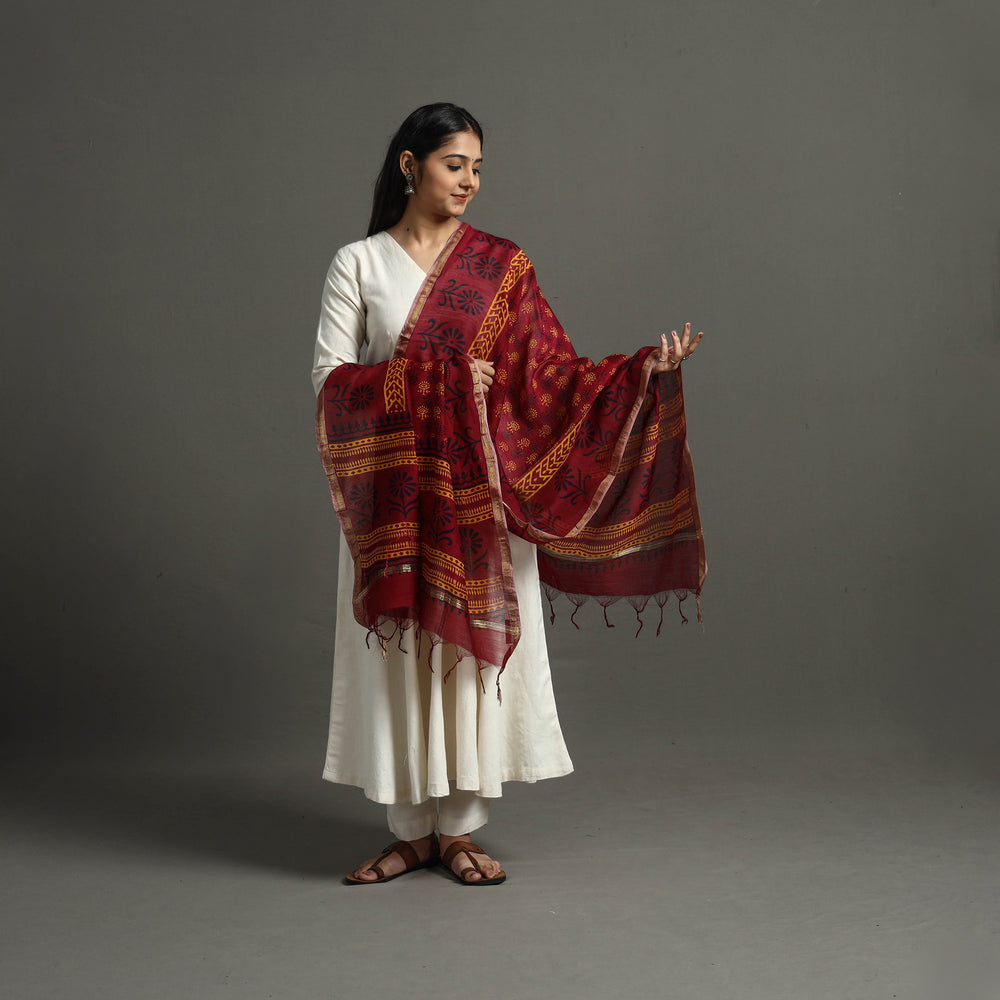 Red - Block Printed Chanderi Silk Bagru Dupatta 18